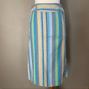 Jacquard blue green and yellow striped midi skirt